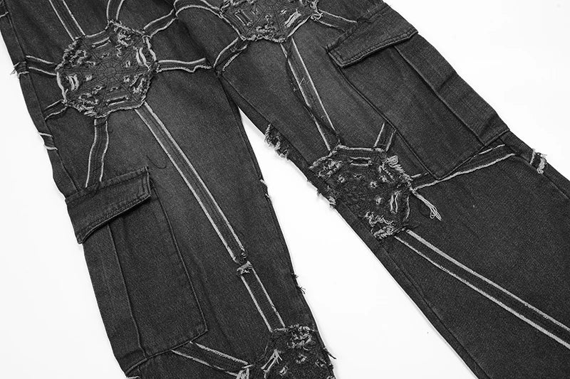 punk belt denim jeans pants women harajuku streetwear side pocket cotton men unisex casual baggy joggers straight pants trousers unique joggers style 3367