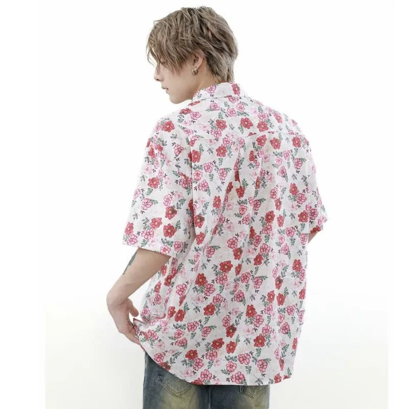 summer harajuku set mens flower print casual short sleeved top gradient straight leg jeans 2 pcs set high street trendy suit unique jeans style 4234