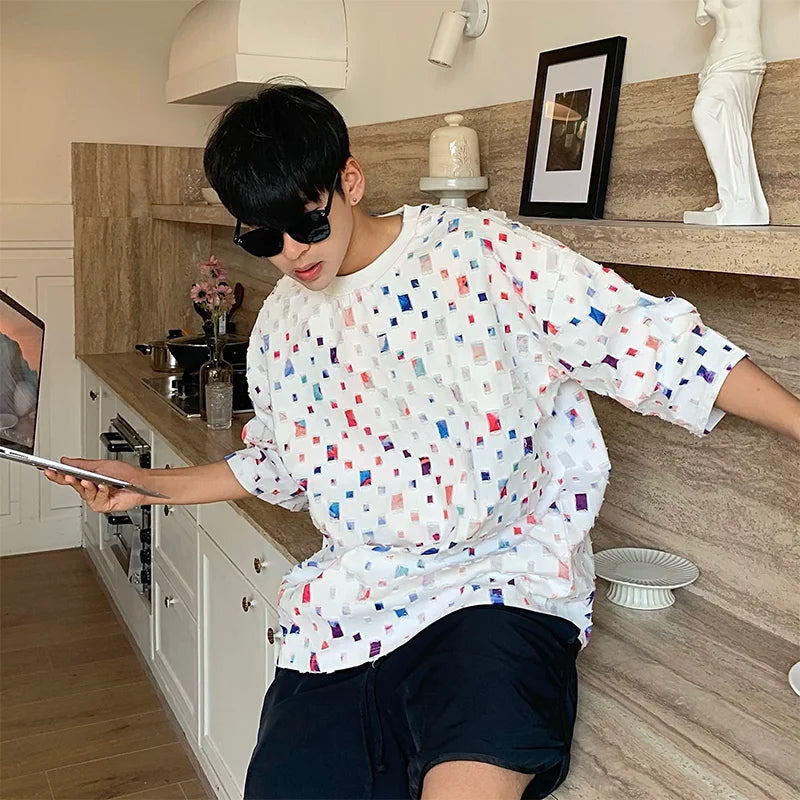 Summer Cotton Short Sleeved T-shirt Men Fashion Colorful Plaid Tshirt Men Streetwear Hip-hop Loose Hollow Out T Shirt Mens Tops Street King Limited
