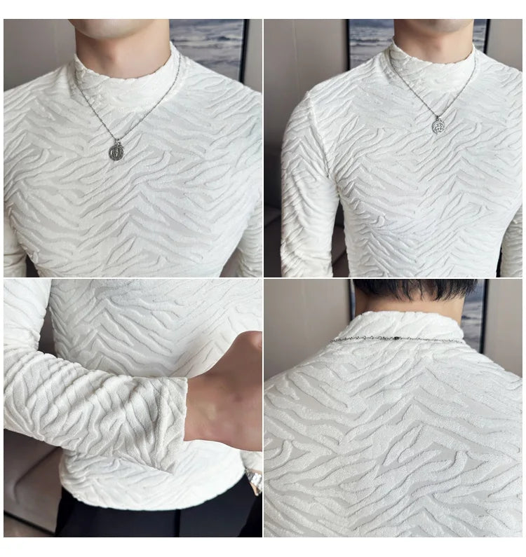 Semi-turtleneck Stretch Slim Fit T Shirt Men Long Sleeve Thicken Velvet Tiger-pattern Bottom T-shirt Business Casual Tshirt Street King Limited