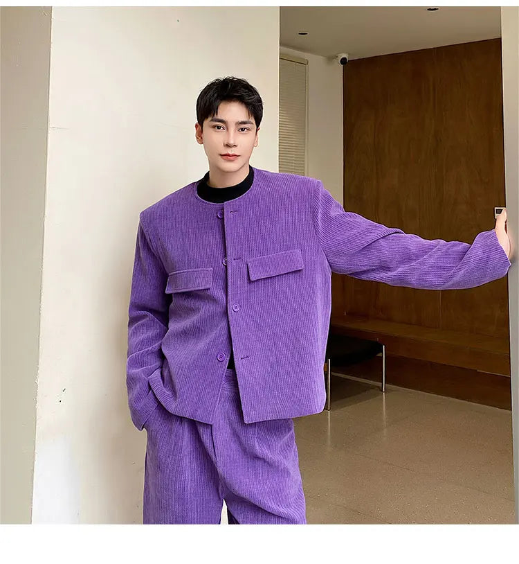 men 2 pieces sets corduroy short jacket wide leg pant suits korean streetwear fashion loose casual retro coat baggy trousers unique shorts style 2684