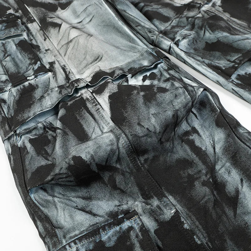vintage dirty tie dye baggy jeans men multi pocket loose white straight jeans trousers luxury designer oversized denim pant denim street jeans