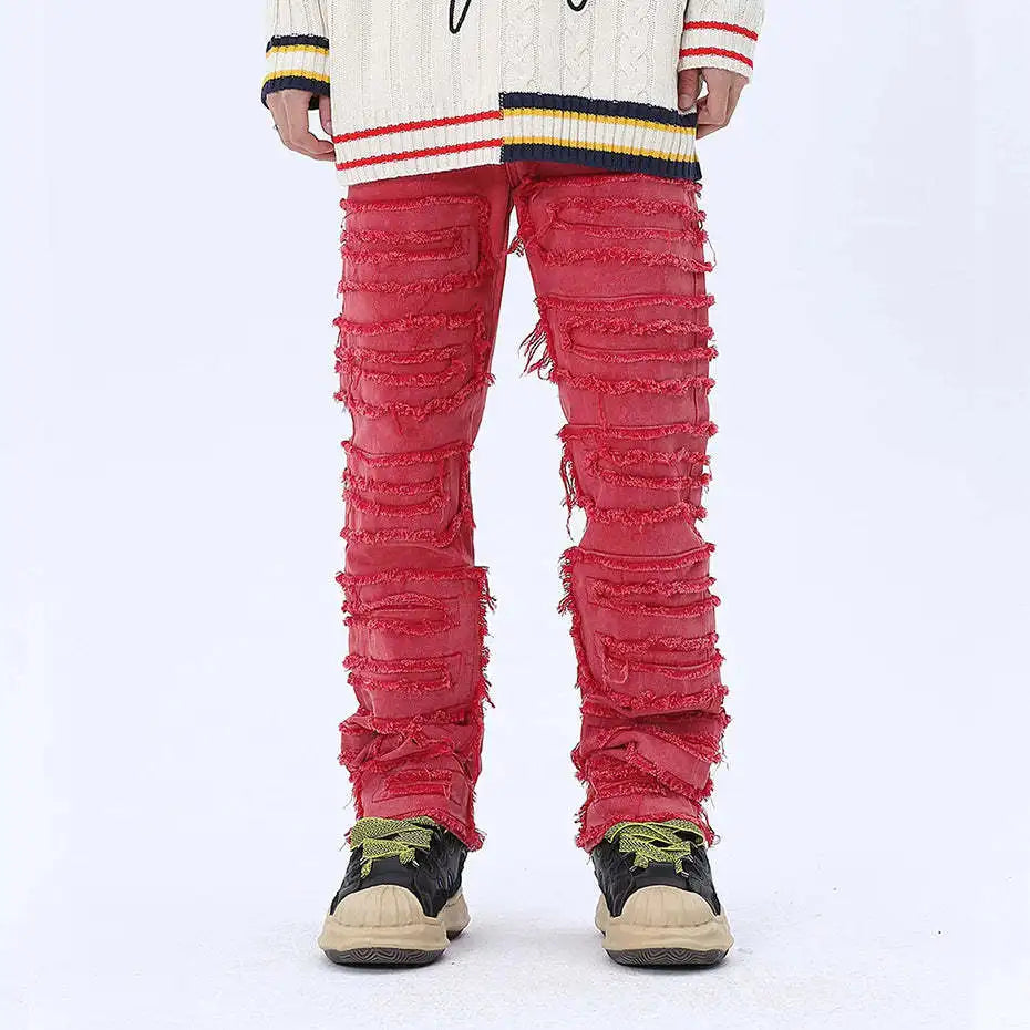 tassel hole spliced european and american straight leg denim pants new popular patch jeans mens wear vintage washed jeans