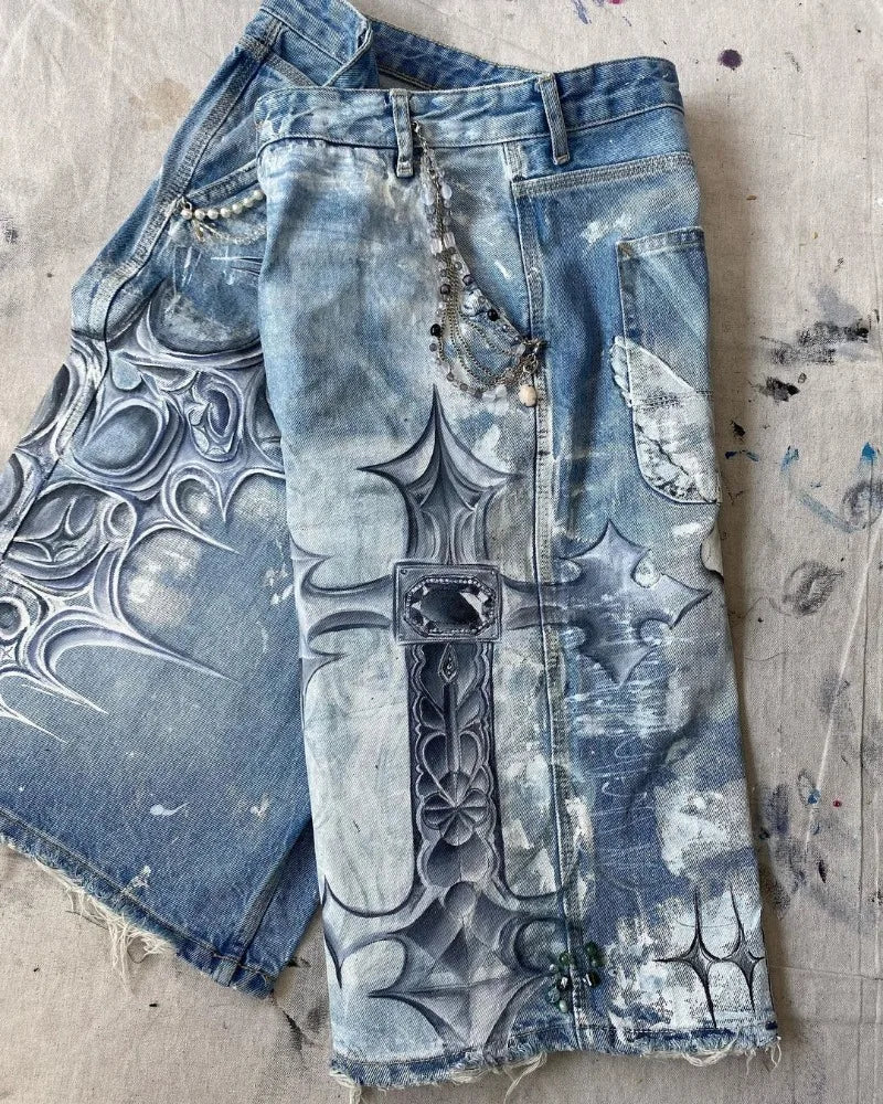 y2k american street retro graffiti anime print oversized denim shorts men shorts high waist fashion loose casual wide leg pants vintage washed jeans
