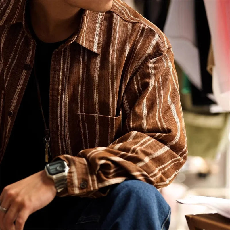 Streetwear Autumn Loose Striped Long Sleeve Shirts For Men Korean Fashion High Qu Autumn Loose Striped Long Sleeve Shirts For Men Korean Fashion High Quality Casual Shirt Y2K Streetwear Stand Collar T Shirts Fashion Sweater Jacket With Graphic Design For Men