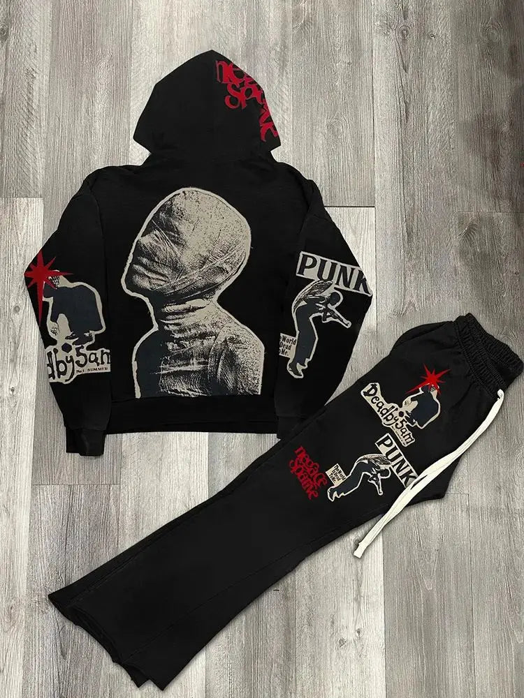 y2k vintage mummy graphic digital drawstring casual sports pants women street autumn winter set print hooded men sweatshirts menswear bottoms