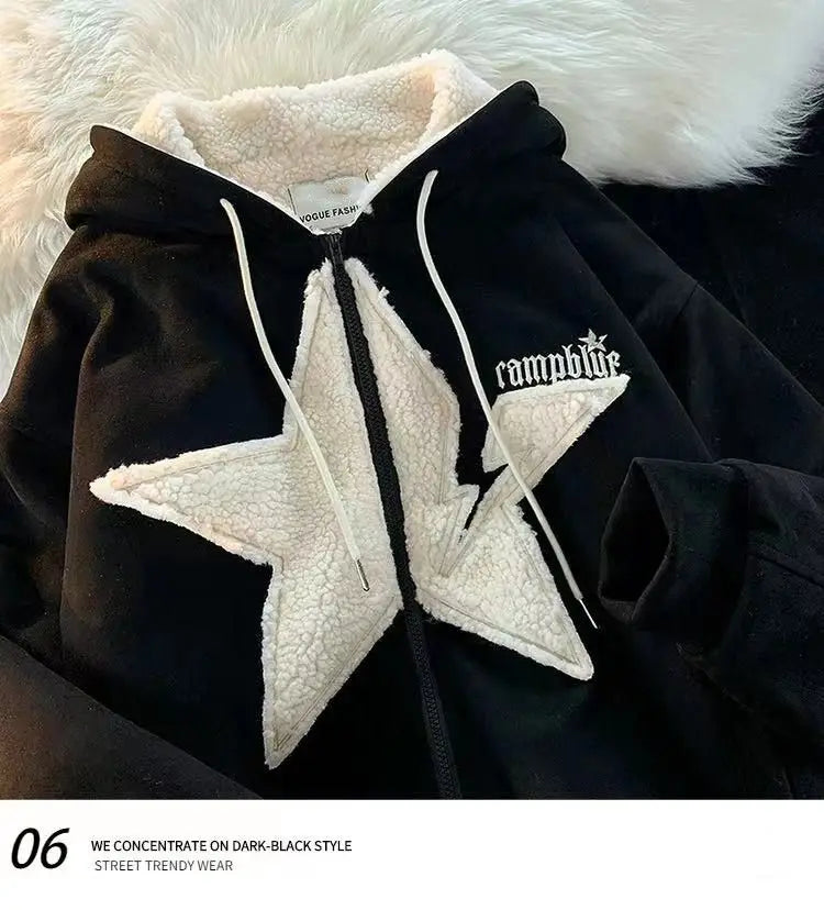 Star Hoodie American Style Retro Jackets Five Pointed Plush Thickened Lamb Wool Coat Women Autumn and Winter Loose Lazy Style Street King Limited