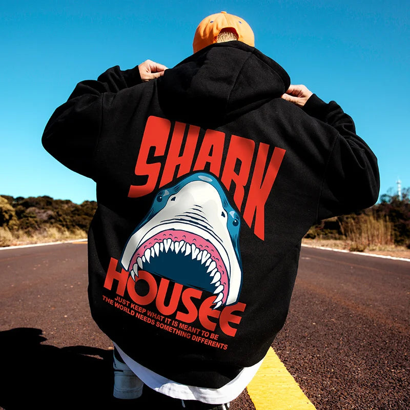 New in Anime Shark Graphic Printed Hooded Sweatshirts Men Hip Hop Fashion Pullover Hoodies Y2K Streetwear Loose Fleece Hoody Street King Limited
