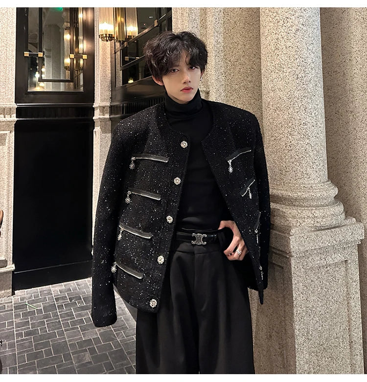 multi zipper sequin woolen jacket men french retro fashionable casual christmas jacket spring autumn coat stage show clothing unique default style 1447