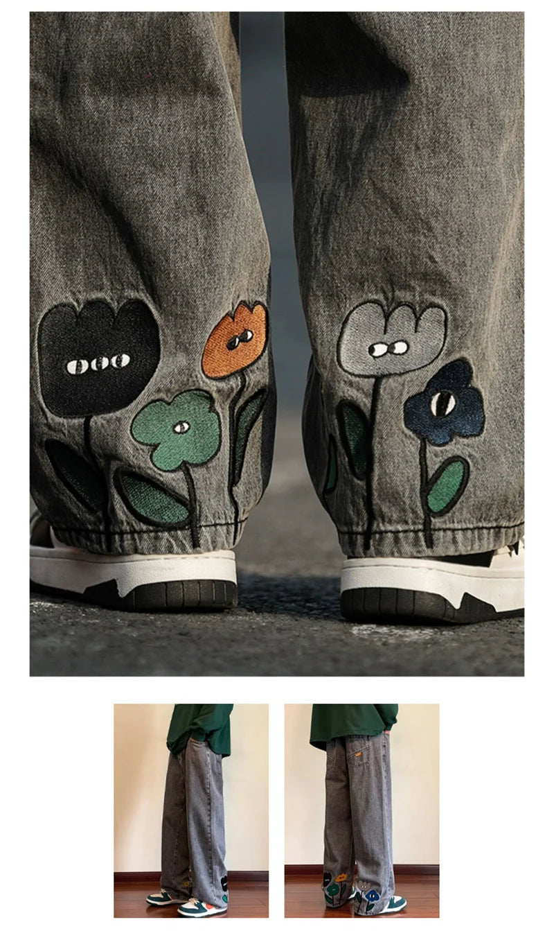 new mens y2k flower printed baggy jeans 2025 streetwear american casual denim wide leg pants hombre vintage straight trousers unique jeans style 665