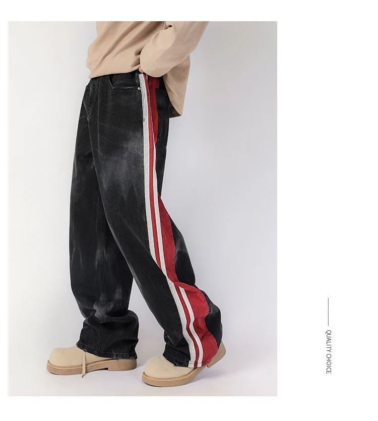 men streetwear fashion side splice hip hop loose casual wide leg straight baggy jeans pant cityboy jeans pants trousers unique jeans style 2506