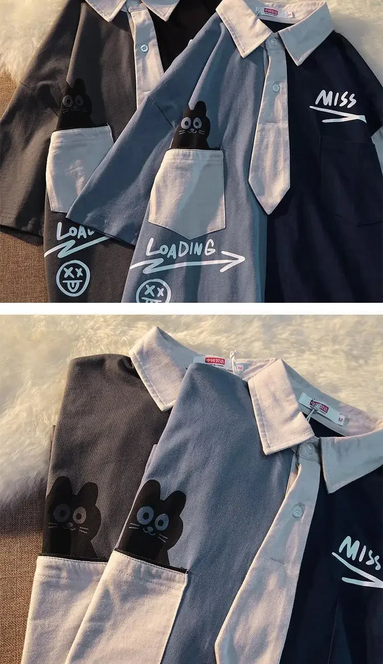 European and American color block polo shirts men short-sleeved T-shirts college style loose Korean style simple couple tops y2k Street King Limited