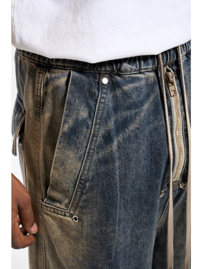 mens high street loose denim jeans casual straight retro washed jeans hip hop streetwear casual wide legs joggers baggy jeans urban active pants