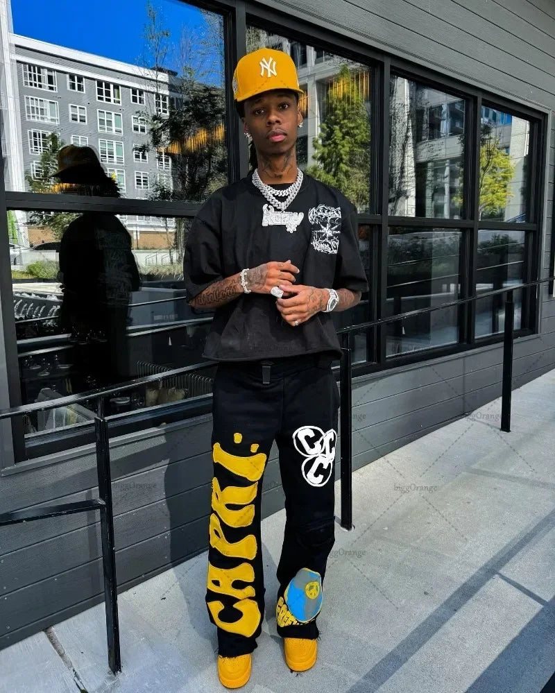 european and american new embroidered oversized trousers men y2k trendy hip hop knitted pants loose casual wide leg pants women unique default style 3489