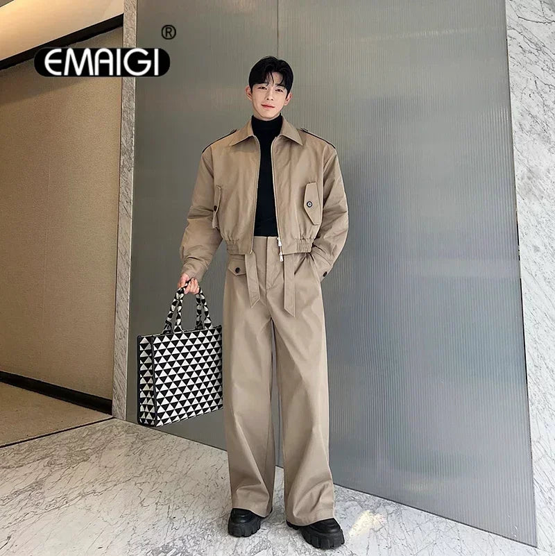 men 2 pieces sets quilted short cargo jacket pant autumn winter korean streetwear casual thicken bomber coat trousers suits utility cargo pants