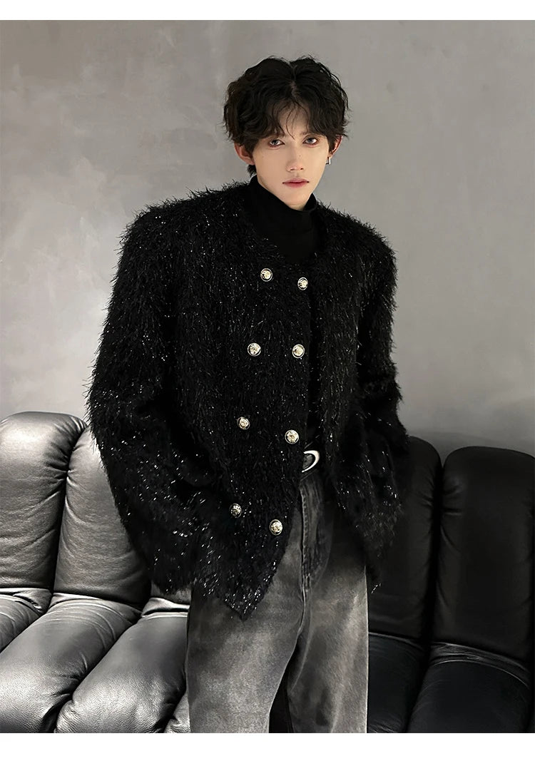 men double breasted french streetwear retro fashion loose casual tassels woolen short jacket man korean coat outerwear unique shorts style 1291