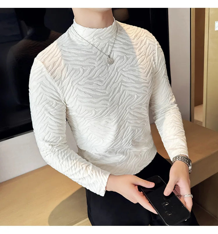 Semi-turtleneck Stretch Slim Fit T Shirt Men Long Sleeve Thicken Velvet Tiger-pattern Bottom T-shirt Business Casual Tshirt Street King Limited