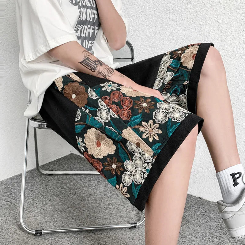 Summer Embroidery Shorts Men Fashion Casual Flower Shorts Mens Japanese Streetwear Loose Hip-hop Straight Shorts Men Plus Size Street King Limited