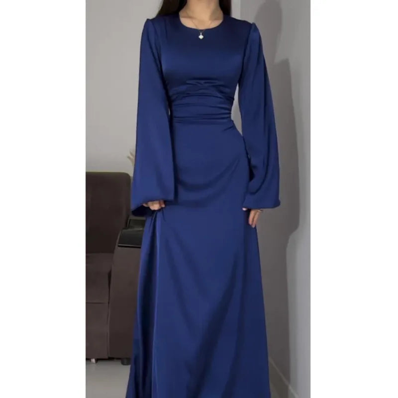 2024 Women Satin Long Dresses Sexy Lace Up Slim Evening Dresses Simple Round Neck Flare Sleeve Birthday Party Dresses For Women Street King Limited