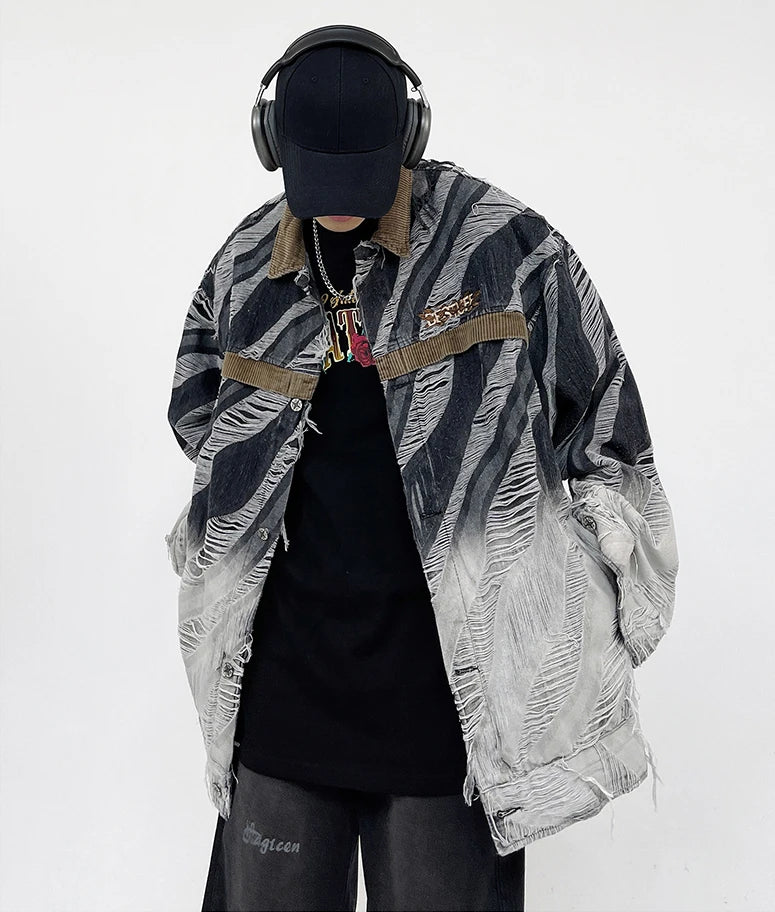 zebra printed harajuku denim jacket and coat mens hip hop patchwork ripped holes jeans outerwear casual streetwear jeans jackets unique jeans style 4691
