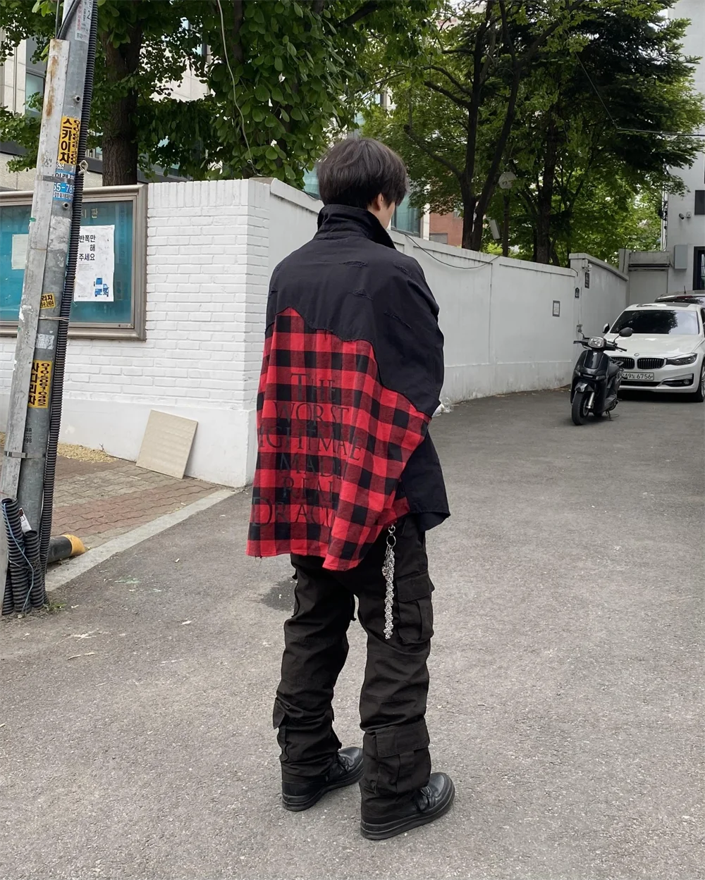 Undermycar 2023 New Worn Out Heavy Work Durable Splice Extra Large Loose Plaid Shirt with Black and Red Plaid Street King Limited