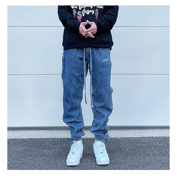 washed distressed denim sweatpant cashew flower patchwork oversized splice buckle jogging jeans casual button baggy men clothing unique joggers style 3353