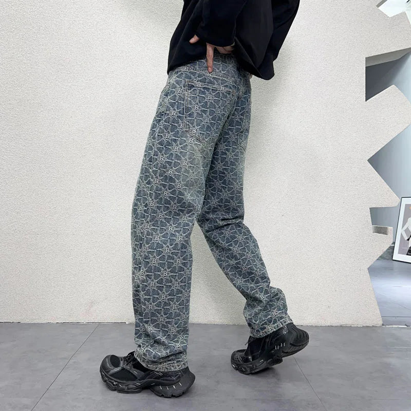 men jacquard streetwear hip hop vibe casual straight denim jeans pants boyfriend high street ripped jeans trousers denim street jeans