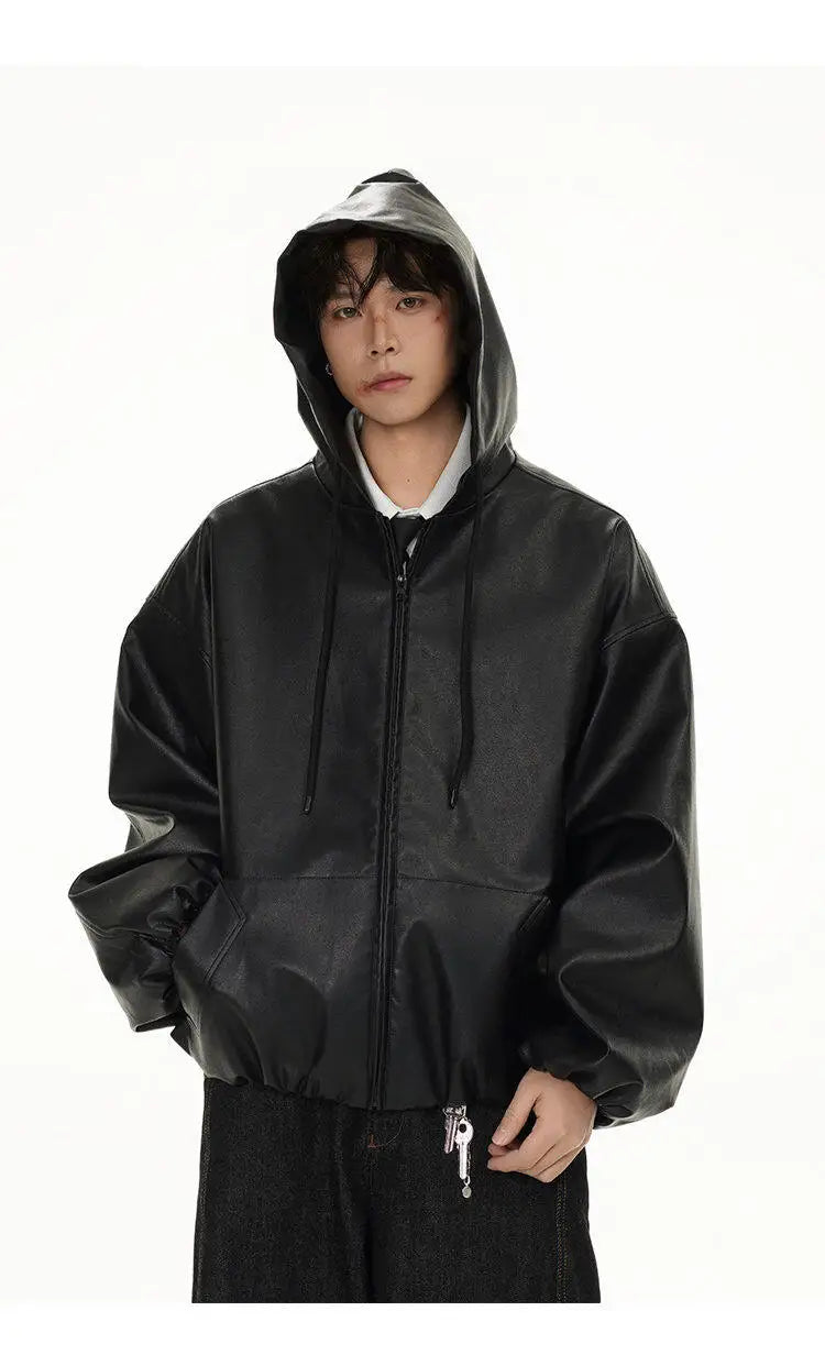 pu leather bomber jacket men streetwear fashion loose casual vintage leather hooded short motorcycle jacket hoody coat outerwear unique shorts style 567