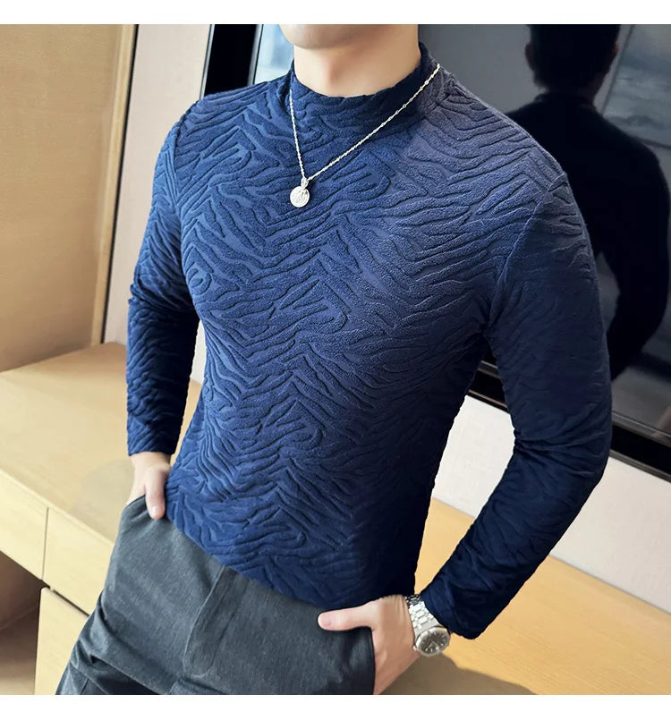 Semi-turtleneck Stretch Slim Fit T Shirt Men Long Sleeve Thicken Velvet Tiger-pattern Bottom T-shirt Business Casual Tshirt Street King Limited