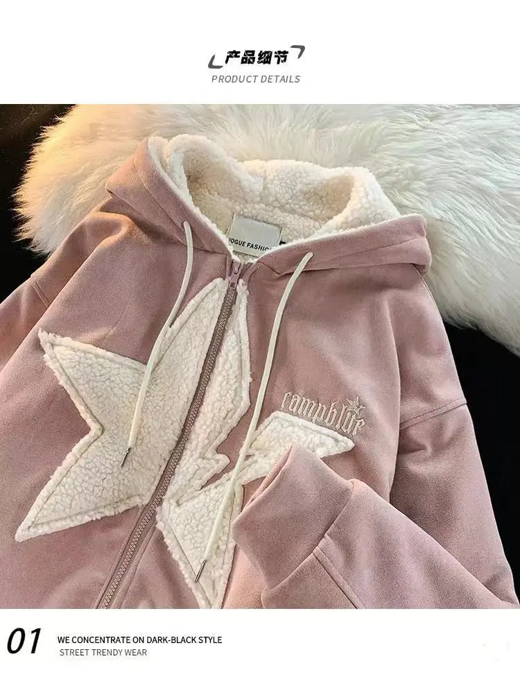 Star Hoodie American Style Retro Jackets Five Pointed Plush Thickened Lamb Wool Coat Women Autumn and Winter Loose Lazy Style Street King Limited