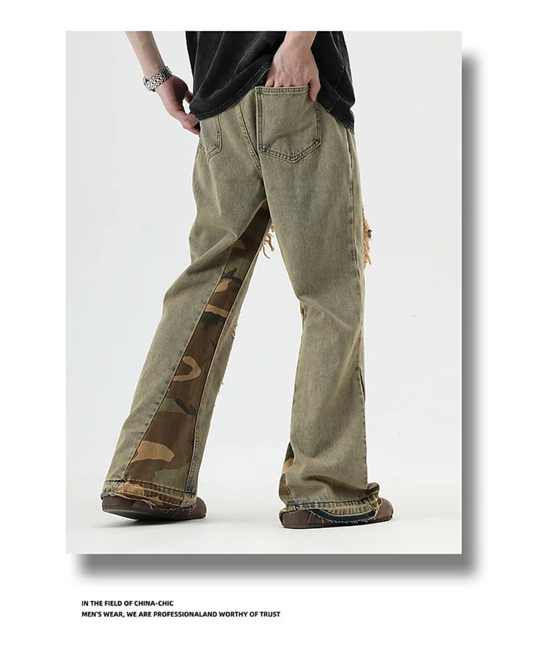 hip hop camouflage ripped patchwork denim pants for men y2k vintage streetwear wide leg jean 2025 new distressed baggy jeans unique jeans style 319
