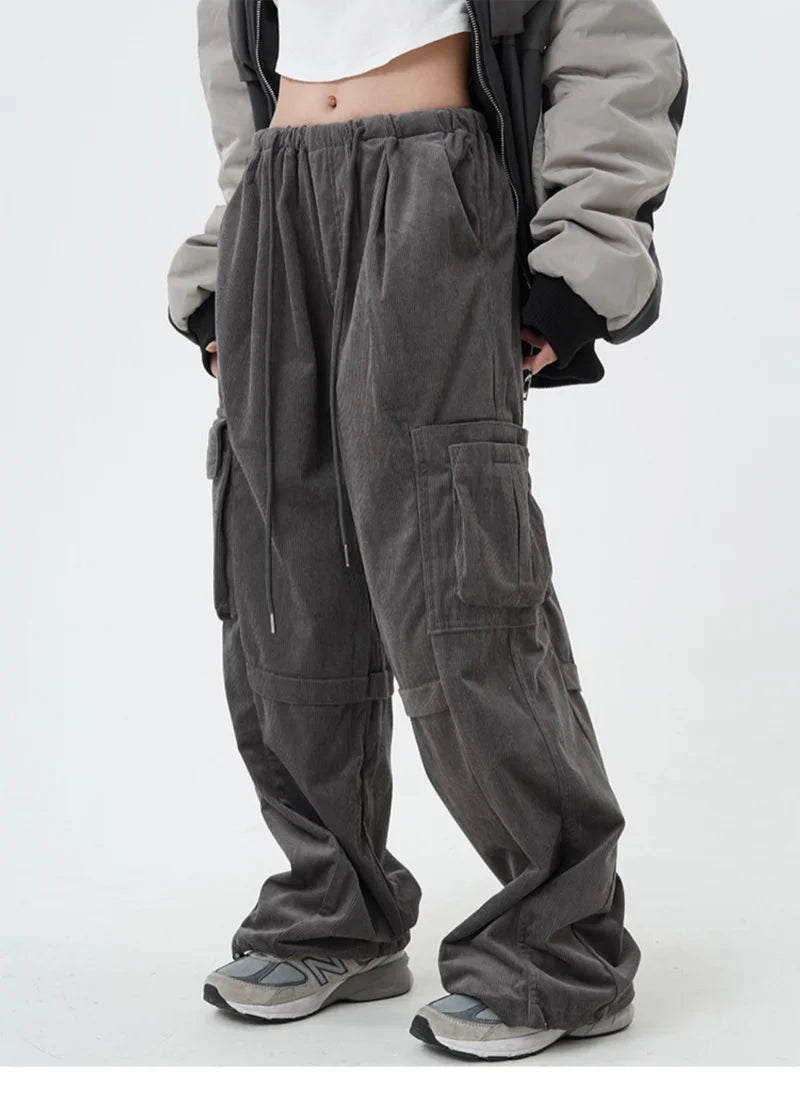 women high street corduroy pants casual elastic waist side pocket loose straight pant unisex hip hop y2k loose streetwear jogger sporty tapered joggers