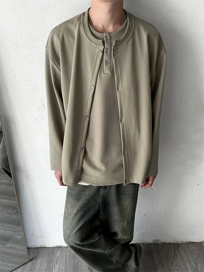 Streetwear New Casual Fake Two Piece Sweatshirts For Men Solid Color Henley Neck 2024 New Casual Fake Two Piece Sweatshirts For Men Solid Color Henley Neck Button Jackets Korean Fashion Loose Y2K Sudaderas Fashion Sweater Jacket With Graphic Design For Men
