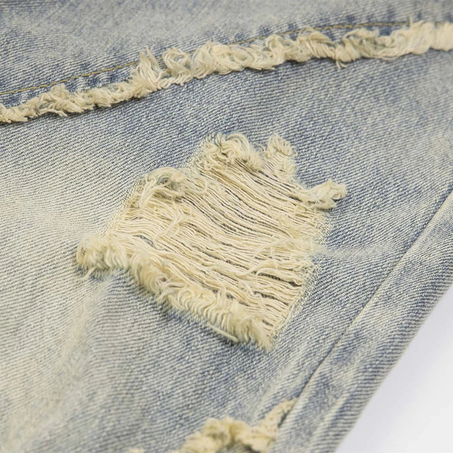 vintage ripped patchwork baggy jeans mens streetwear hip hop loose blue jeans trousers y2k distressed straight denim pants man stacked flare jeans