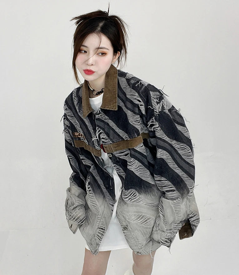zebra printed harajuku denim jacket and coat mens hip hop patchwork ripped holes jeans outerwear casual streetwear jeans jackets unique jeans style 4696