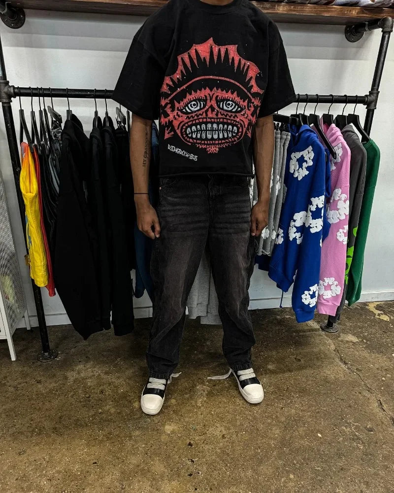 American Gothic trendy cartoon pattern oversized short-sleeved T-shirt men's Y2K streetwear Harajuku casual loose couple tops Street King Limited