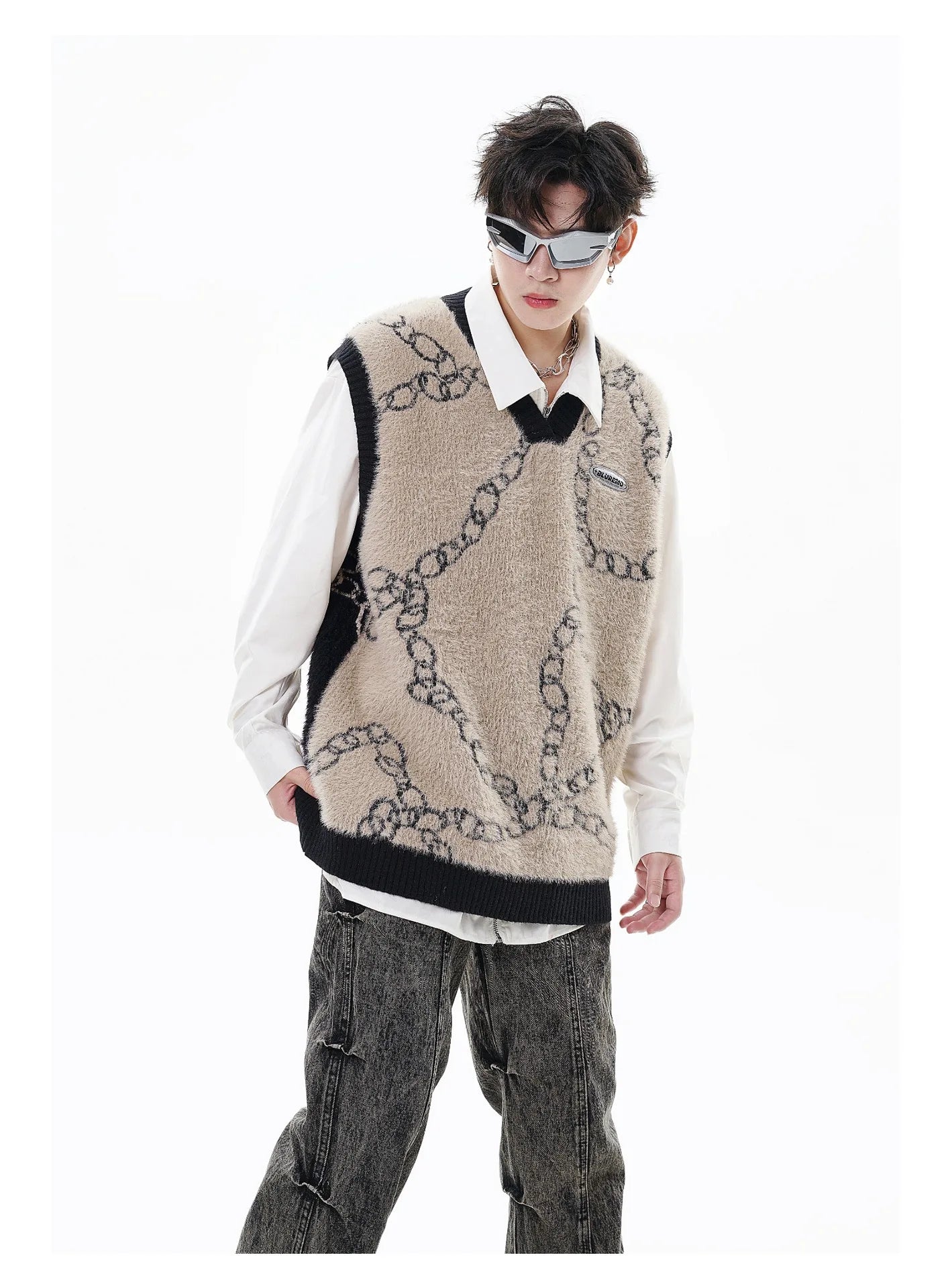 High Street Harajuku Imitation Mink Hair Knitted Vest Chain Color Block V-neck Pullover Sweater Vest Oversized Knitwear Trendy Street King Limited