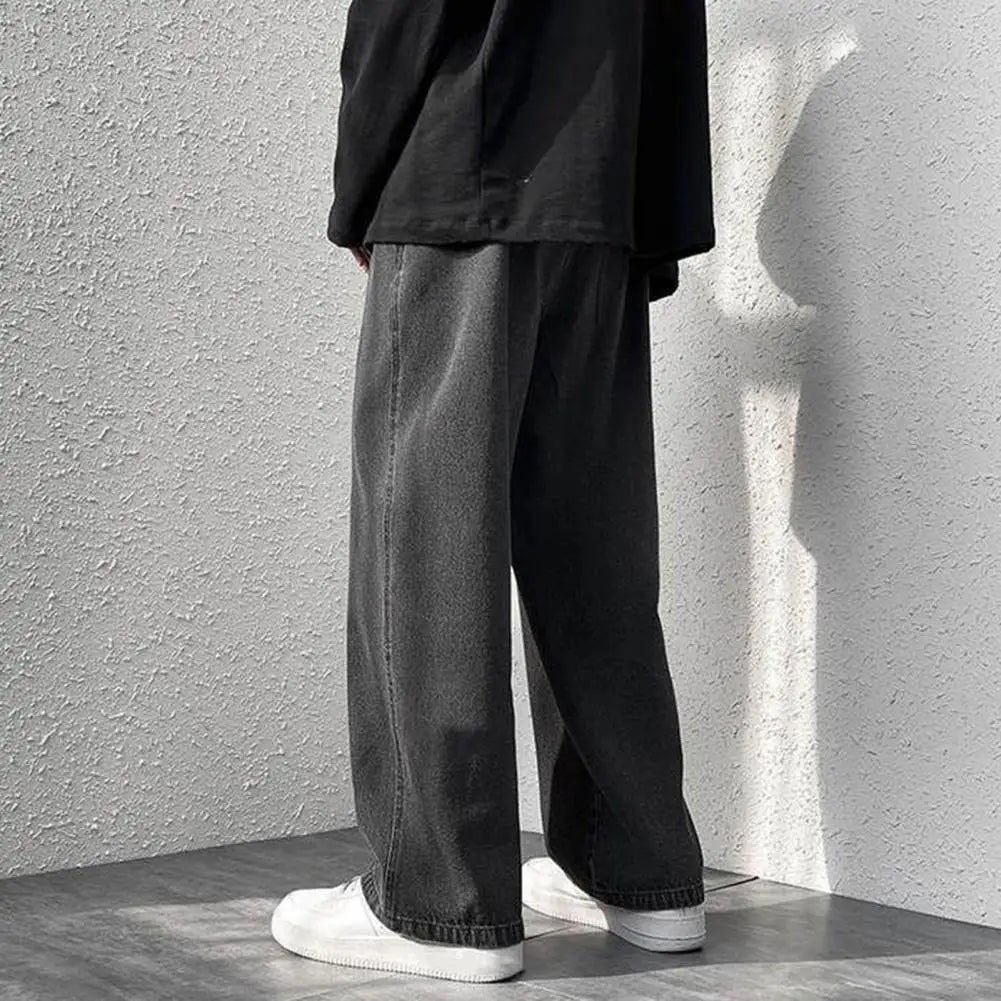 korean mens casual long jeans loose retro straight baggy pants denim wide leg pants light blue grey black retro washed jeans unique jeans style 1230