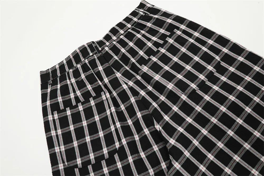 men women american streetwear fashion loose plaid wide leg straight pant boyfriend button down sports casual pants trousers unique default style 1407