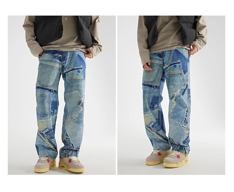 fashion fake patchwork printed denim jeans mens new casual zipper straight loose jeans streetwear hip hop baggy pants joggers unique joggers style 1409