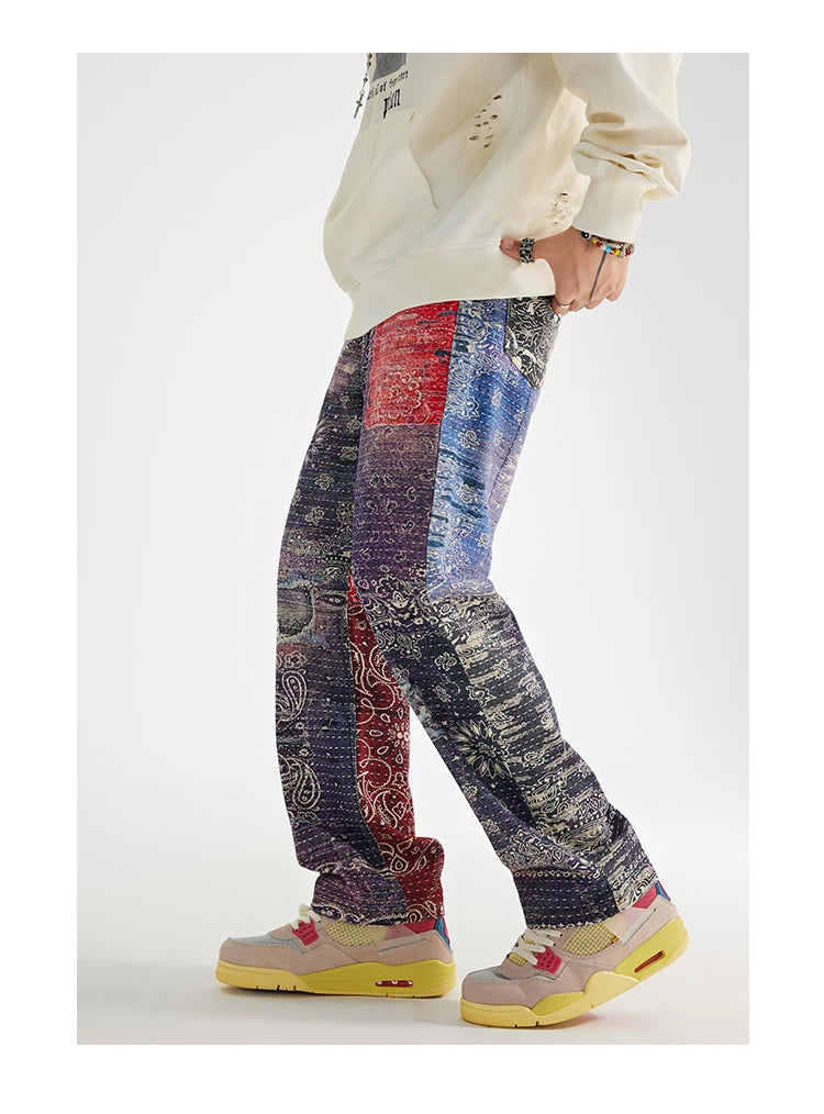 hip hop paisley printed denim jeans mens new casual zipper straight jeans streetwear high street loose pants baggy jeans joggers unique joggers style 1392