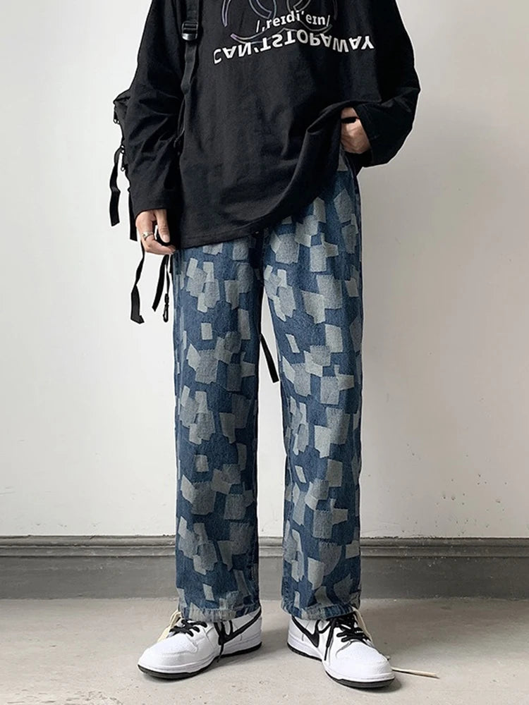 american plaid straight jeans mens casual streetwear printed denim pants autumn baggy classic wide leg retro y2k jean trousers unique jeans style 907
