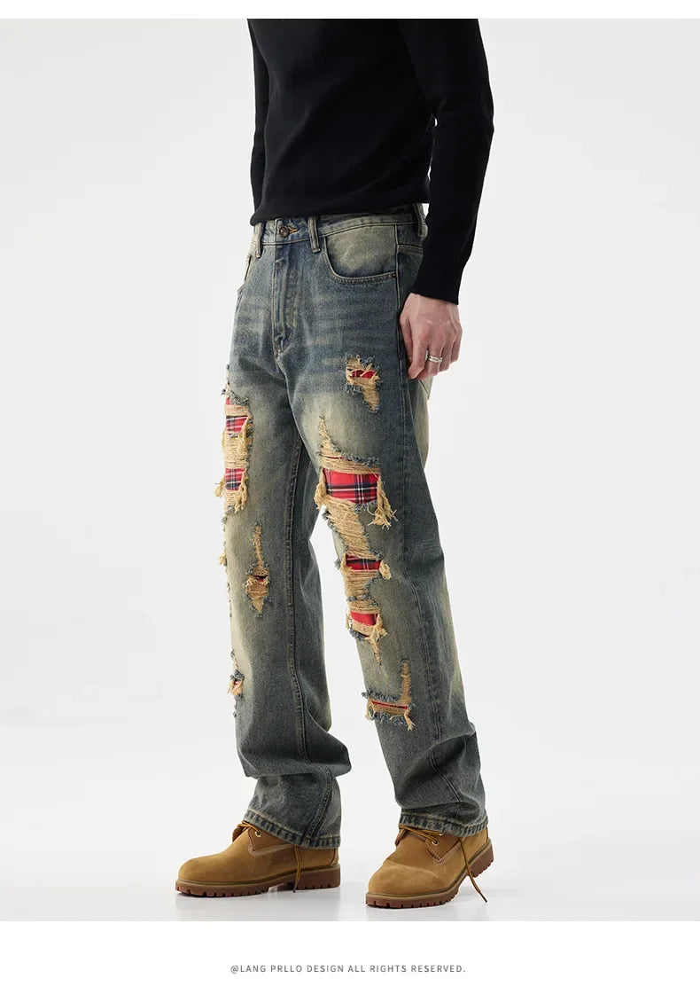 men broken hole patch loose casual plus size straight ripped denim pants jeans man streetwear fashion baggy jeans trousers unique jeans style 3044
