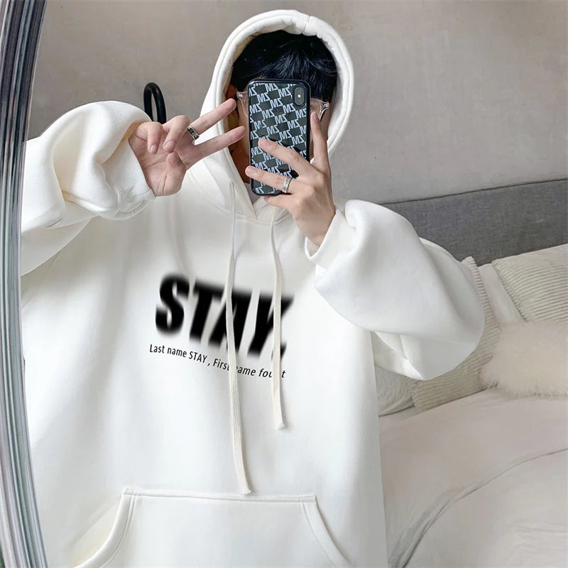 New in Letter STAY Print Sweatshirts Men Casual Vintage Fleece Pullovers Hoodies Autumn Y2K Streetwear Baggy Hoody Clothes Street King Limited