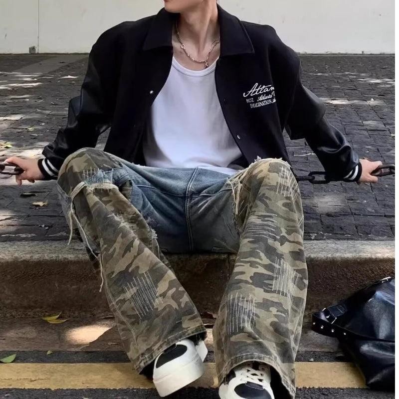 Trendy Camo Cowboy Cargo Pants Mens Spring Autumn Elasticity Fashion Harajuku Patchwork Straight Jeans New Washed Denim Trousers Street King Limited