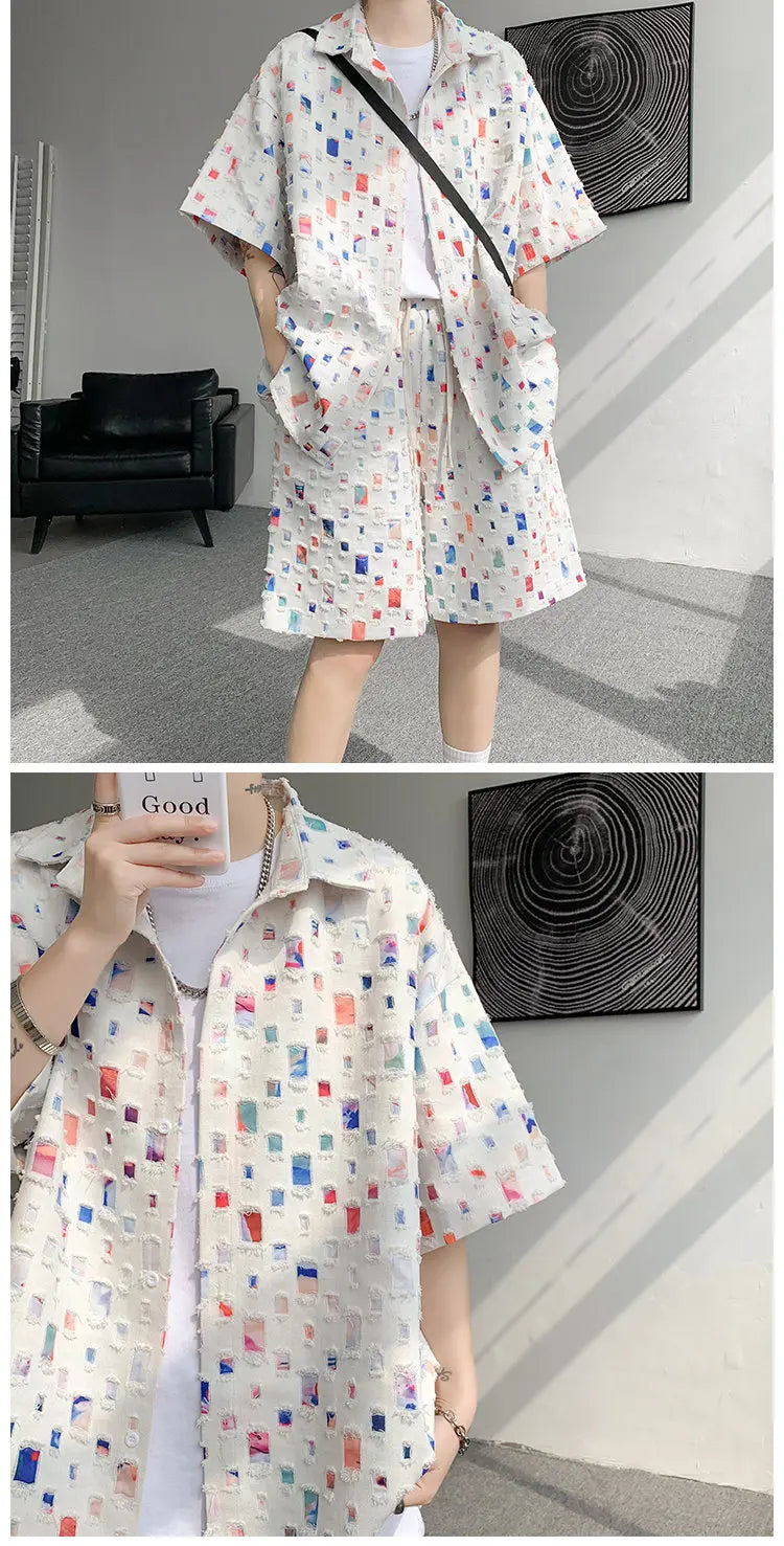 Summer Sets Men Fashion Short Sleeved Shirt Shorts Two-piece Men Korean Loose Hollow Out Set Mens Short Sets Plus Size M-5XL Street King Limited