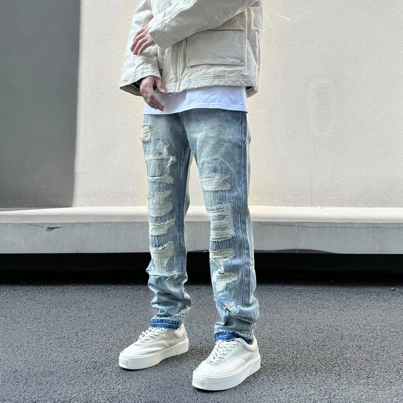 mens high street denim jean pants new casual blue slim ripped holes straight zipper jeans trousers hip hop streetwear joggers unique joggers style 5237
