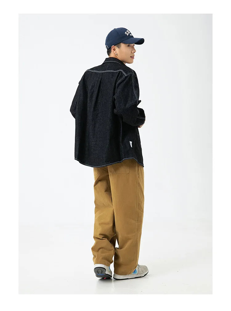 Vintage Men's Spring And Autumn New Washed Distressed Denim Shirt Jacket Loose Casual Long-Sleeved Coat Jacket Street King Limited