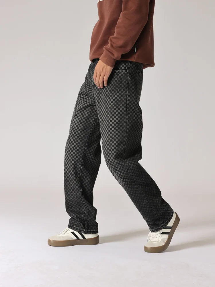 men streetwear fashion hip hop loose casual print black plaid denim pant jeans man vibe straight cowboy baggy jeans trousers unique jeans style 1445