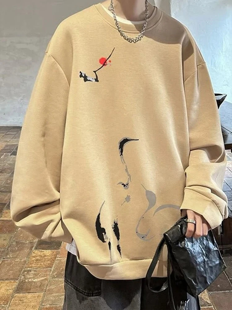 Ink Painting Cartoon Crane Printed Pullover Hoodies For Men 2024 New Hip Hop Fashion Crewneck Hoody Y2K Streetwear Sweatshirts Street King Limited